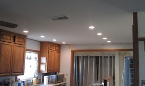 The completed ceiling with recessed lighting and removed popcorn ceilings. 
